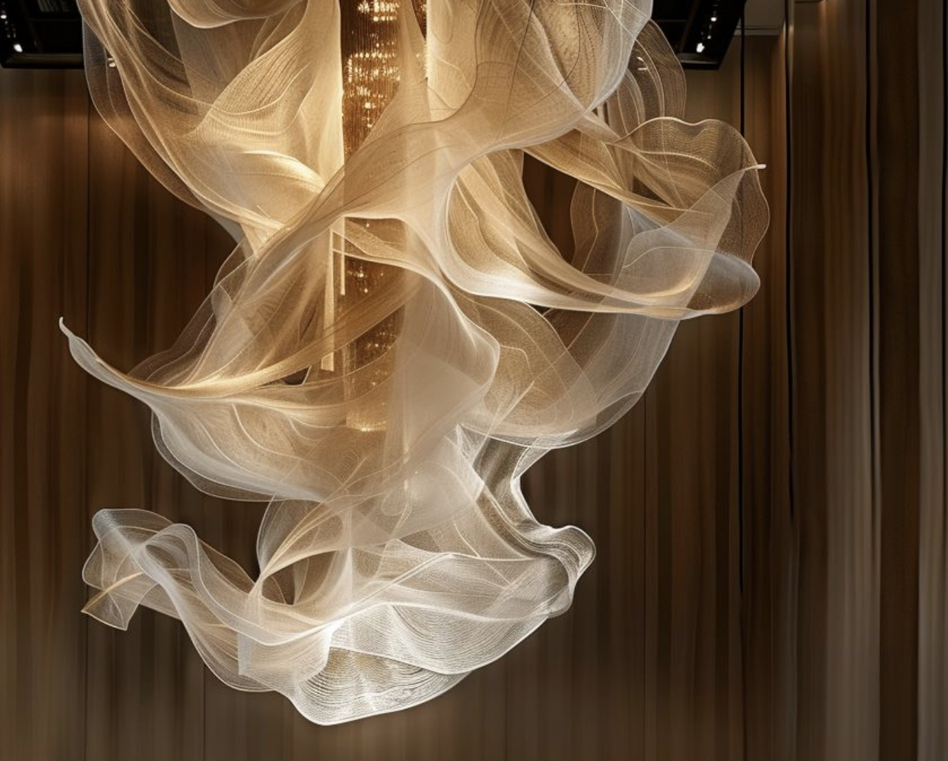 An intricate, flowing sculpture made of translucent, fabric-like material illuminated with warm lighting, hanging in an elegant, modern interior space with wooden walls.