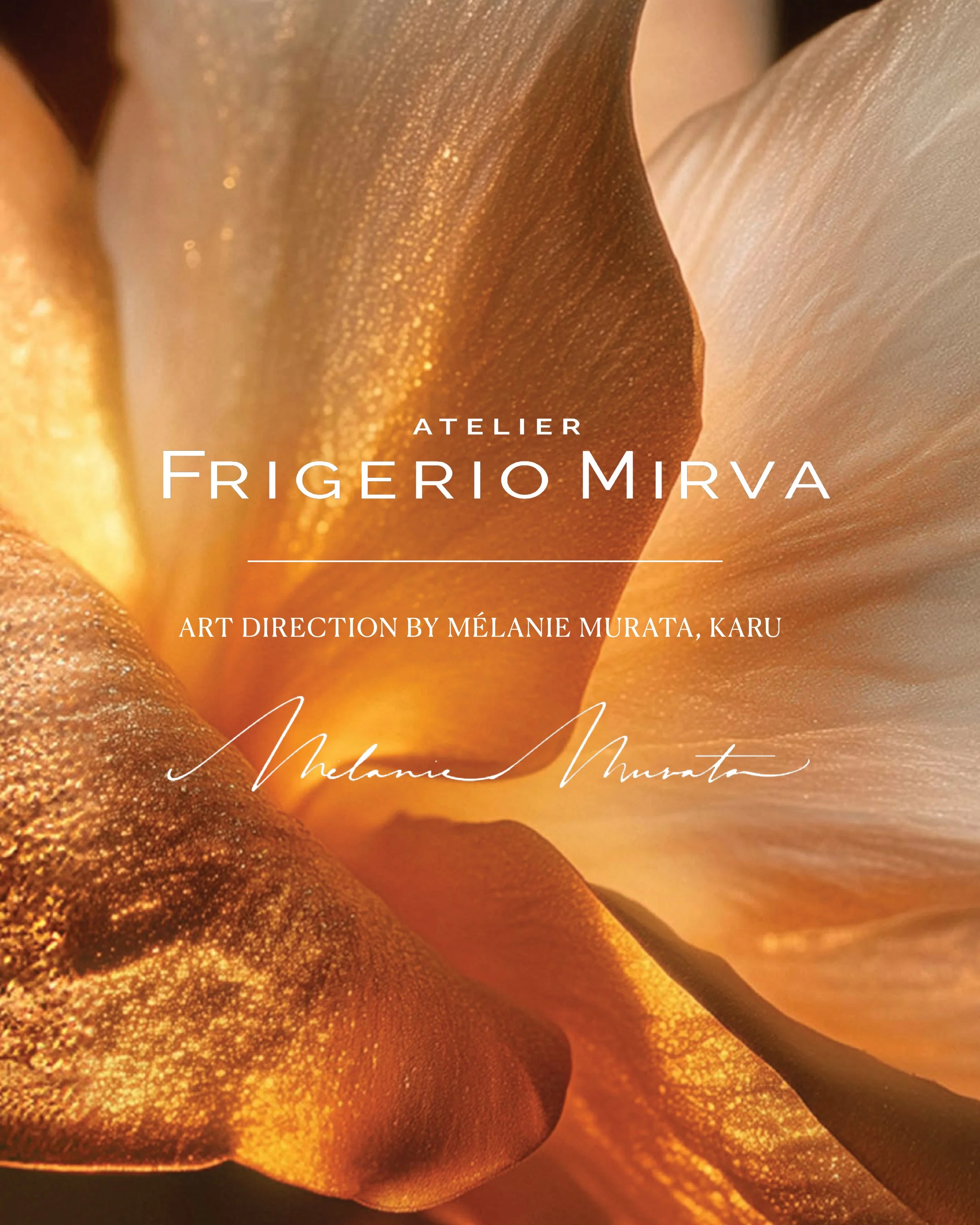 Close-up of a golden, glittery, satin-like fabric with the text "Atelier Frigerio Mirva" and "Art Direction by Mélanie Murata, Karu" overlaid.