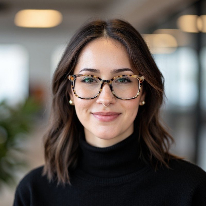 Close-up portrait of a woman with shoulder-length wavy brown hair, glasses with tortoiseshell frames, wearing earrings, a nose ring, and a black turtleneck sweater, smiling in an indoor setting with blurred background lighting.
