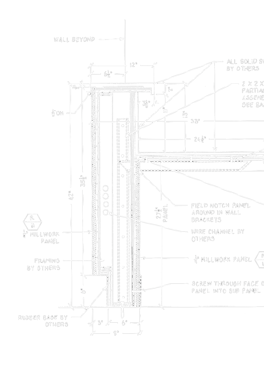 Technical architectural drawing of a wall section showing dimensions, framing details, panels, wiring, and construction notes.