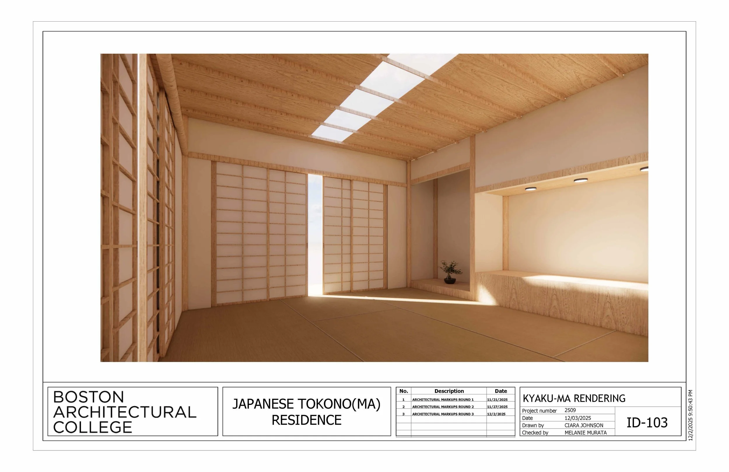 A modern Japanese-inspired interior with wooden lattice walls, a slatted ceiling with natural light, and beige walls with built-in lighting and a small plant.