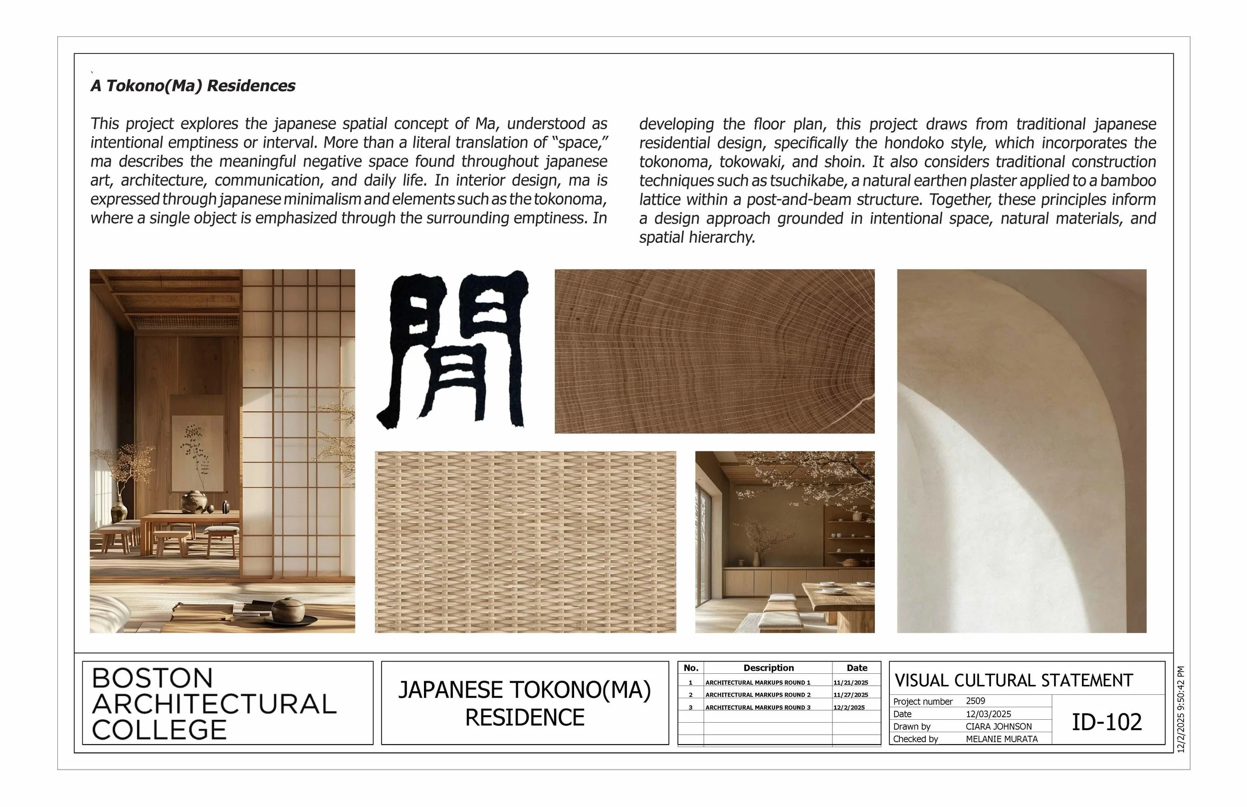 Architectural design plan for a Japanese-inspired residence, including images of interior and exterior wood elements, traditional Japanese room features, and natural materials.