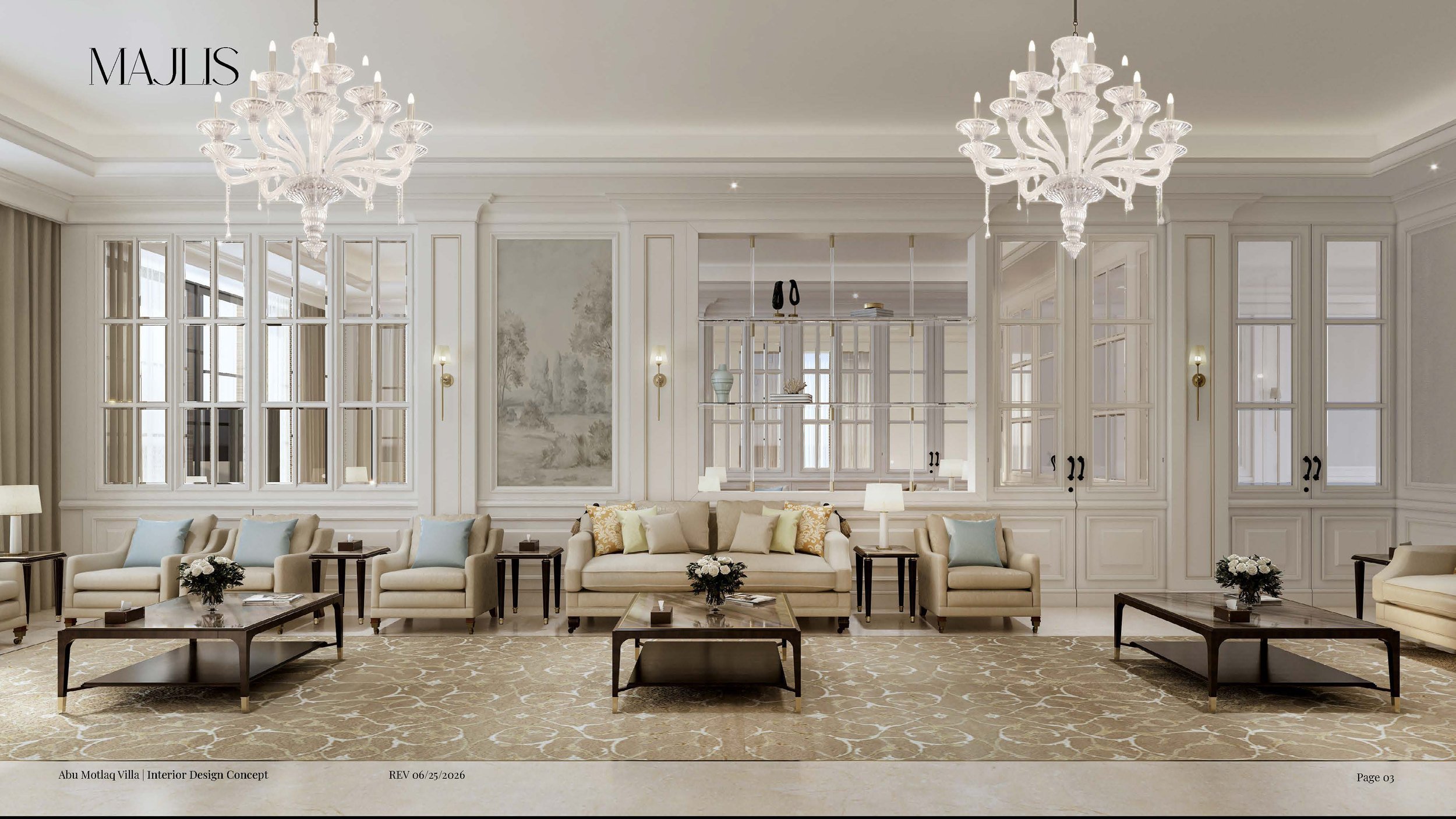 Elegant living room with white walls, large windows, and two white chandeliers. The room has beige tufted sofas with pastel cushions, dark coffee tables, and a patterned beige rug. There are wall sconces and a decorative wall panel with artwork.