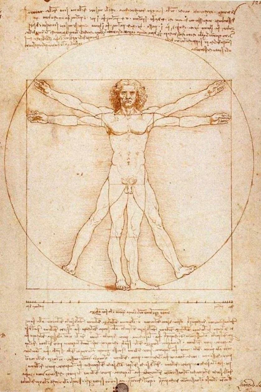 Dessin de Leonardo da Vinci montrant l'homme vitruvien, avec un homme aux bras et jambes écartés inscrit dans un carré et un cercle.