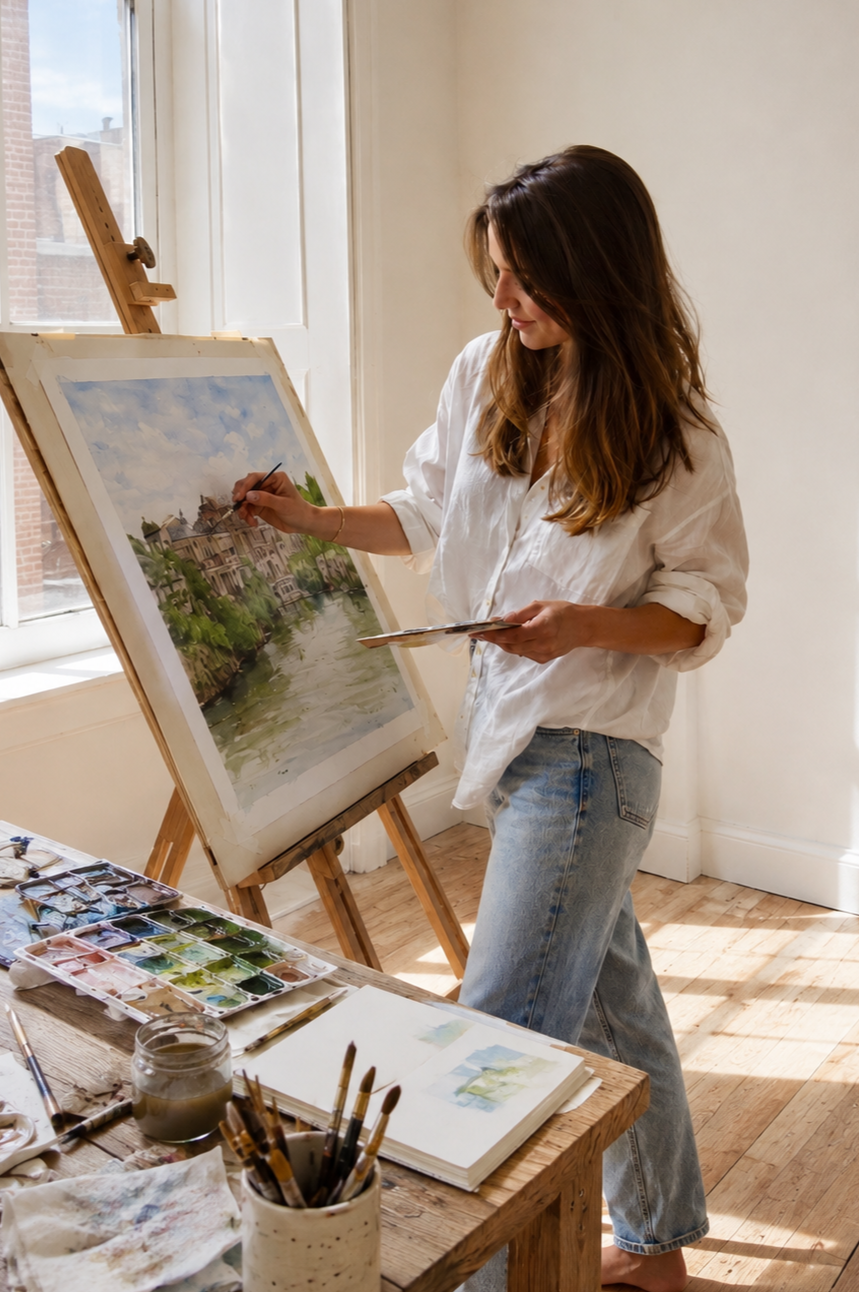 Woman painting a landscape scene on a canvas in a bright studio with sunlight coming through a window.
