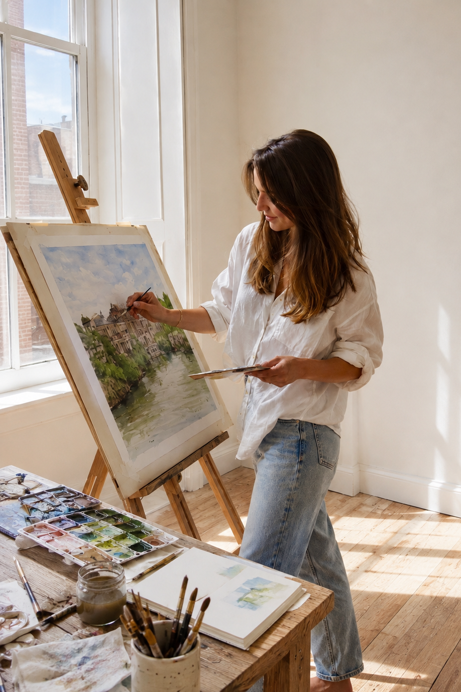 A woman painting a watercolor of a cityscape with buildings and a river by a window in a bright room.