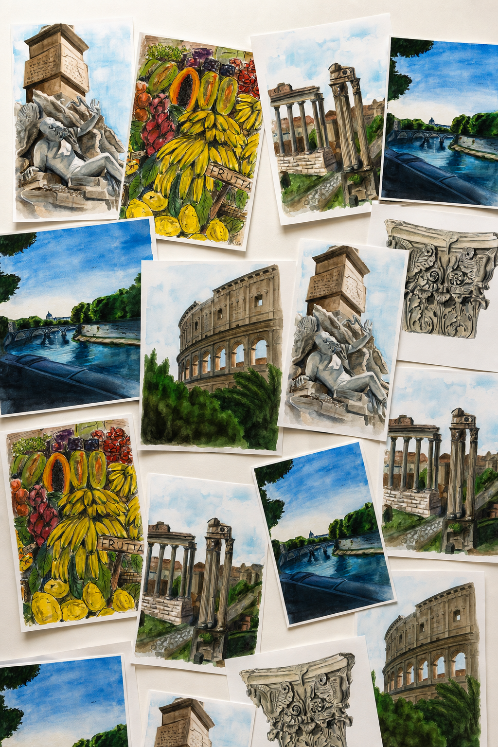 Collection of watercolor paintings of Roman ruins, ancient columns and temples, and scenic landscapes of rivers and greenery.