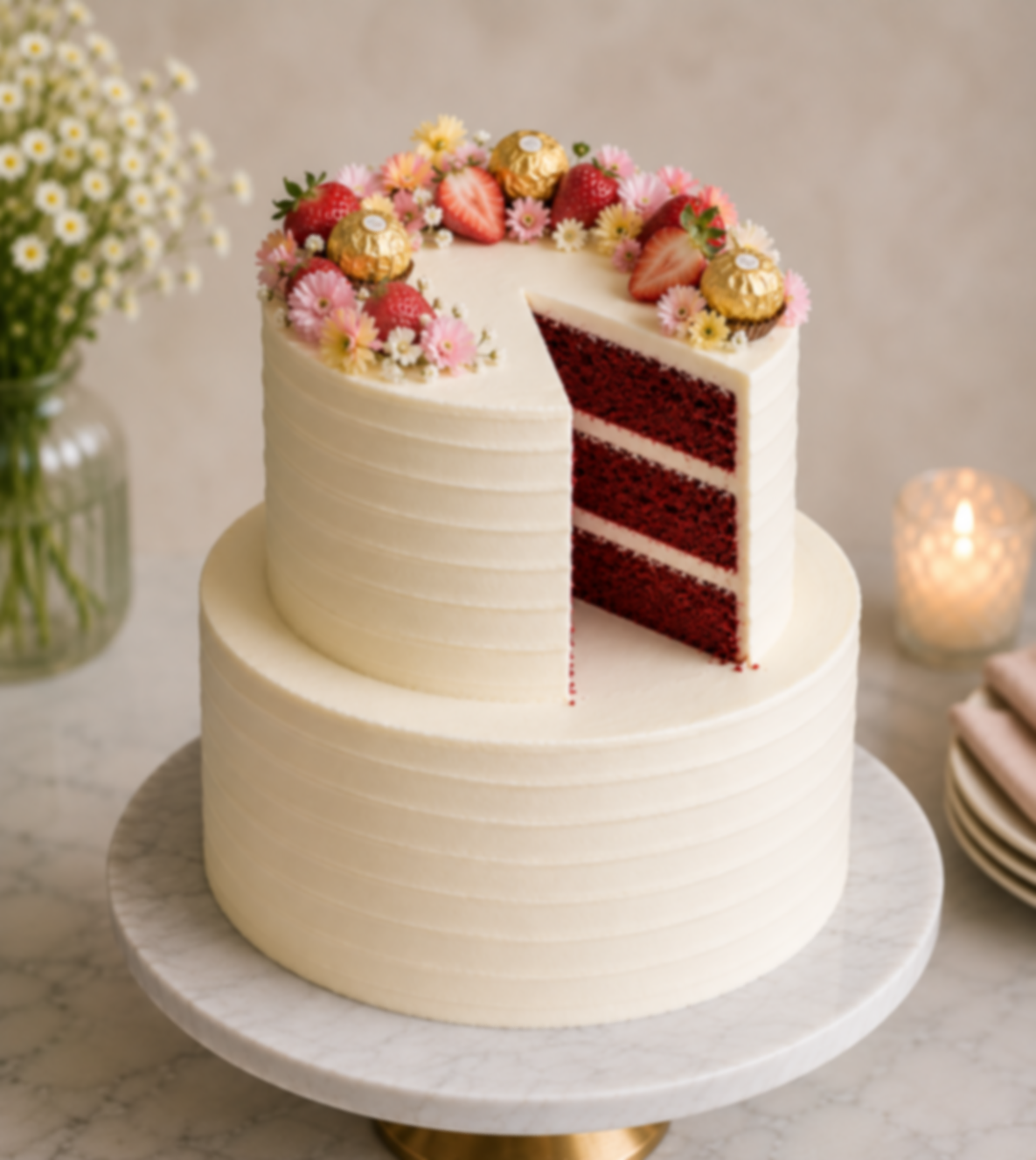 A two-tiered white birthday cake with a slice removed, revealing red velvet layers and white frosting. Decorated with strawberries, pink and yellow flowers, and gold-wrapped chocolates on top. The cake is on a white marble cake stand, with a vase of daisies and a lit candle nearby.