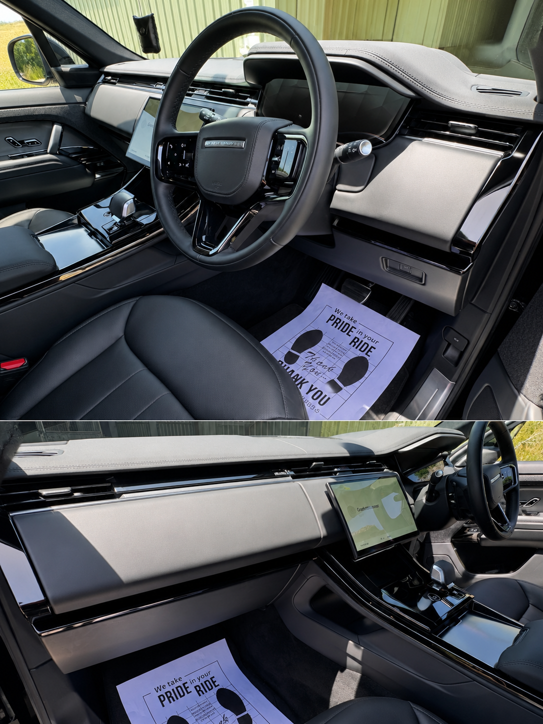Interior of a modern vehicle with digital displays, leather seats, and a center console, showing the dashboard and front seats from different angles.