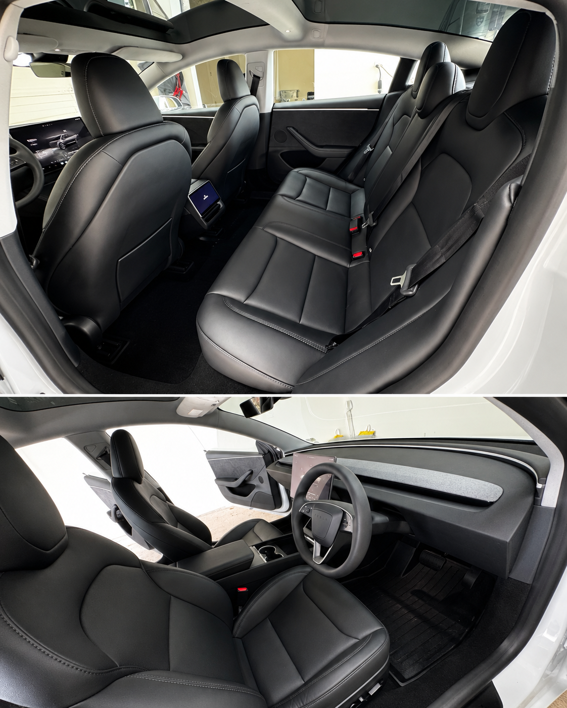Two images of the interior of a modern electric vehicle. The first image shows the rear passenger seats with black leather upholstery and a digital display on the back of the front seats. The second image shows the front interior, including the driver's seat, steering wheel, and a large touchscreen display on the dashboard.