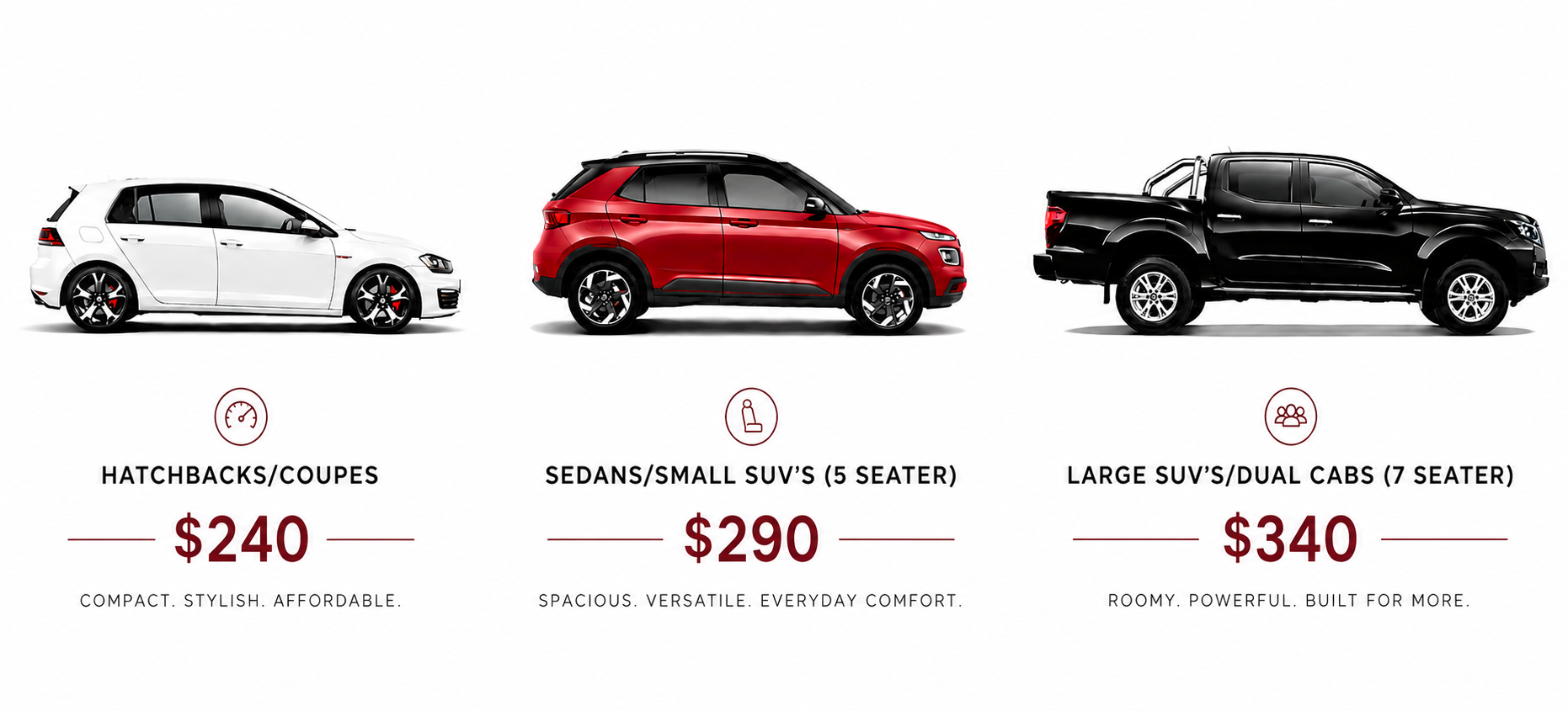 Display of three different car models: a white hatchback, a red small SUV, and a black large SUV with prices and descriptions.