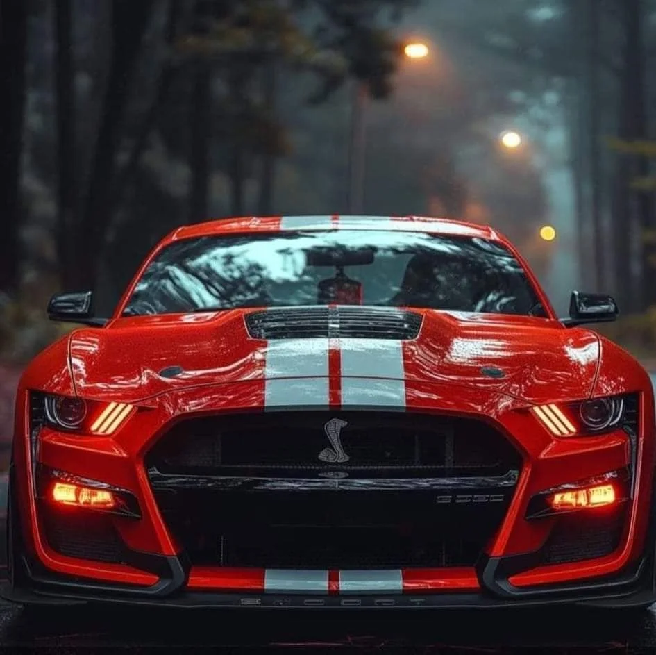 Red Ford Mustang Shelby GT500 with racing stripes on a dimly lit road.