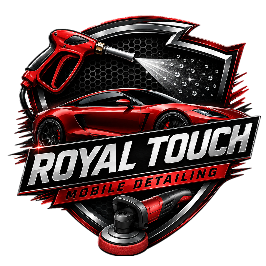 A logo for Royal Touch Mobile Detailing featuring a red sports car, a spray gun, and polishing tools on a shield-shaped background.