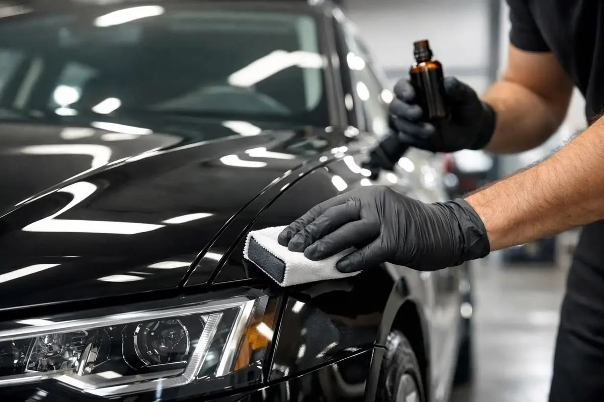 Person wearing black gloves using a spray bottle and cloth to clean the hood of a black car in a garage or workshop.