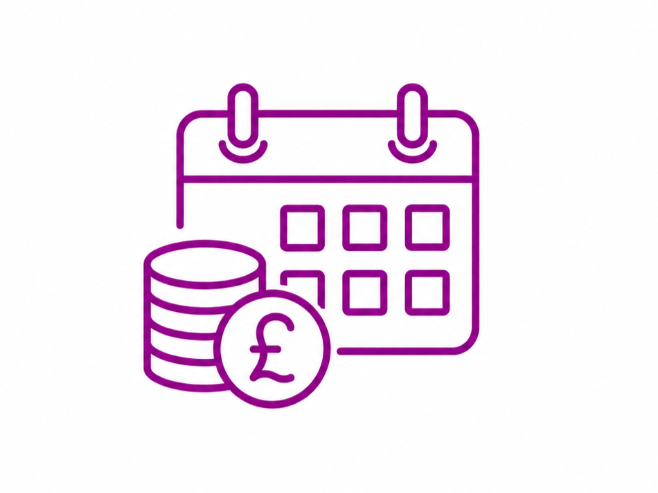 Icon of a calendar with coins and a British pound (£) symbol, representing financial planning or savings.