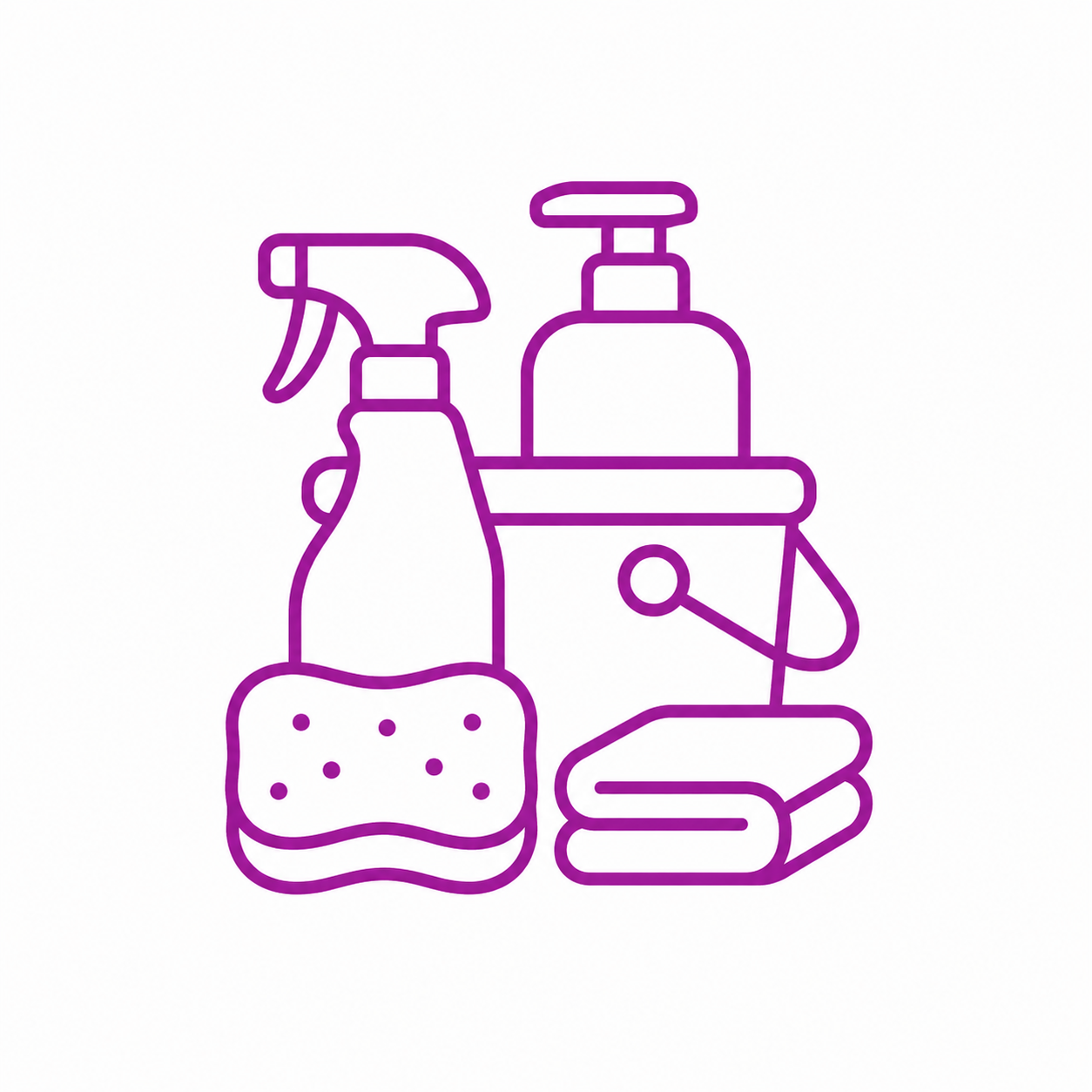Outline drawing of cleaning supplies including spray bottle, sanitizer, sponge, soap dispenser, and cloth with a handle.