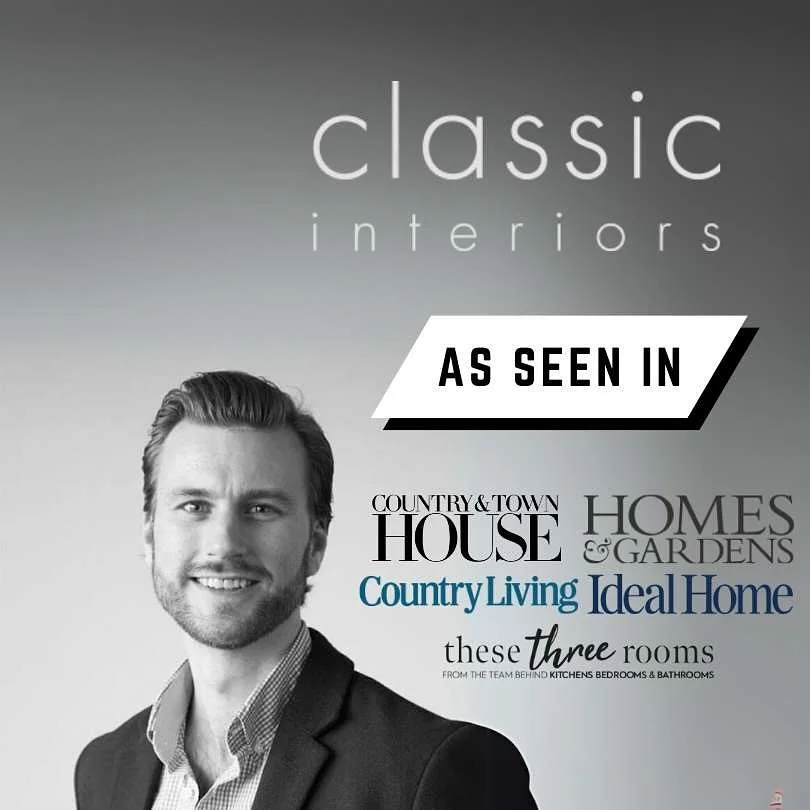 Advertisement for classic interiors featuring a smiling man in a suit, with text mentioning country and town houses, homes and gardens, country living, and three rooms