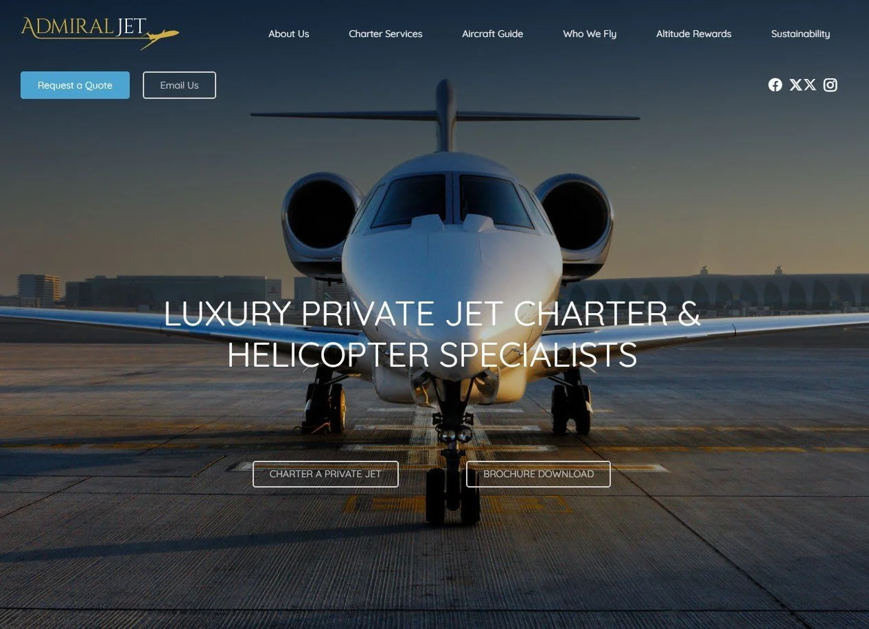 Front view of a private jet on an airport runway at sunset with the text 'Luxury Private Jet Charter & Helicopter Specialists' overlaid.