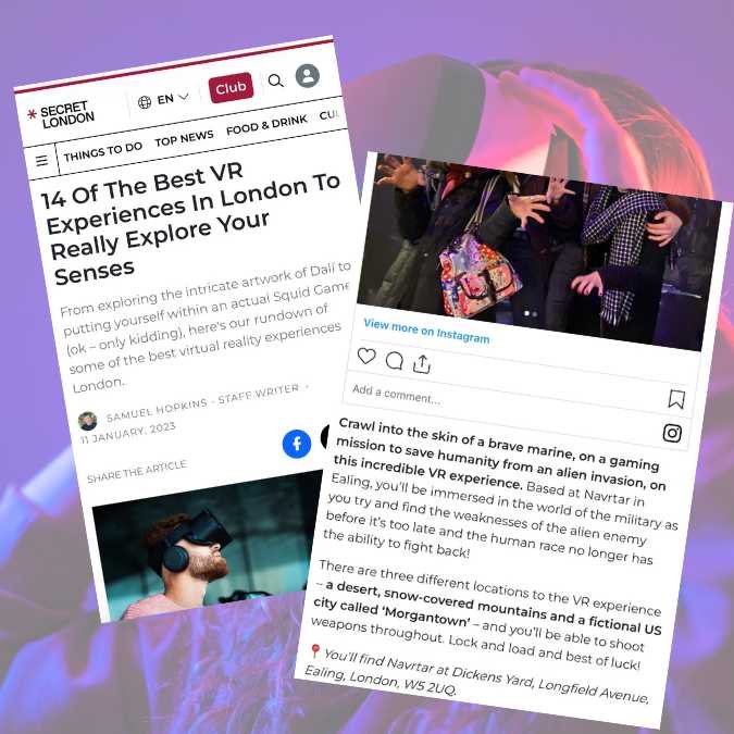 Screenshots of social media posts and article links about virtual reality experiences in London, featuring text about exploring VR experiences and a photo of people in VR gear.