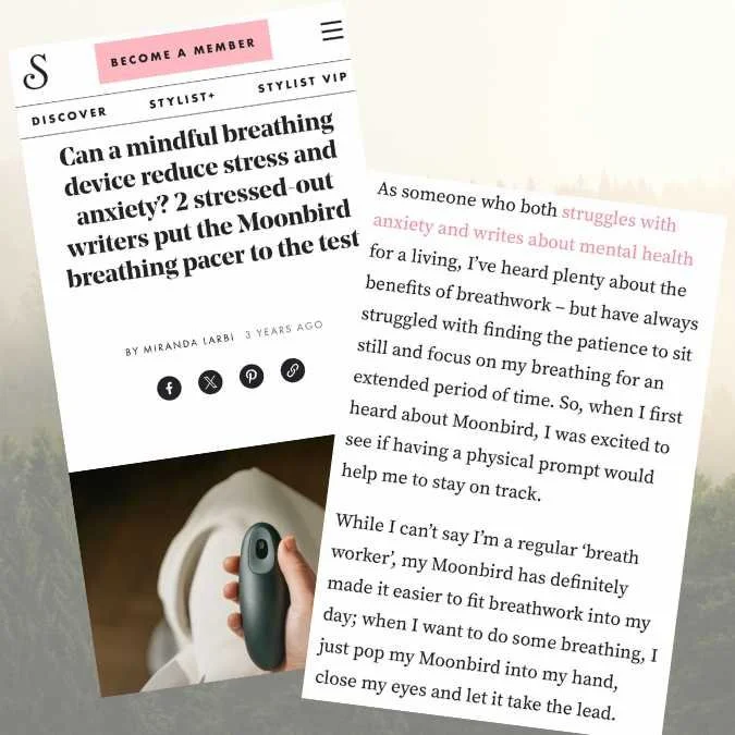 A screenshot of an article titled 'Can a mindful breathing device reduce stress and anxiety? 2 stressed-out writers put the Moonbird breathing pacer to the test'. The article includes a photo of a hand holding a small, oval-shaped breathing device. T