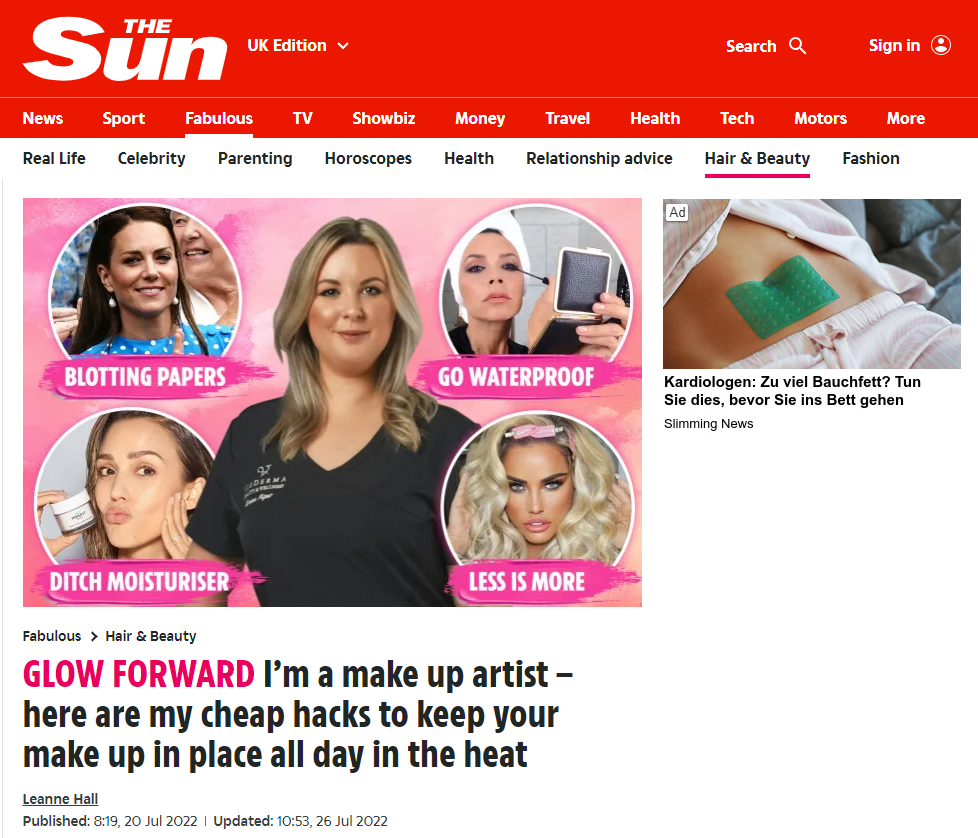 Screenshot of The Sun UK edition homepage showing a makeup artist and four images with tips like blotting papers, waterproof makeup, ditch moisturiser, and less is more, with a headline about makeup hacks for hot weather.