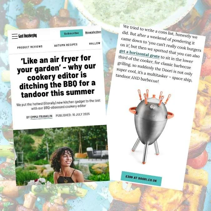 A collage of articles and images related to gardening and barbecuing, featuring a young woman outdoors and a 3D rendering of a kettle barbecue with skewers.