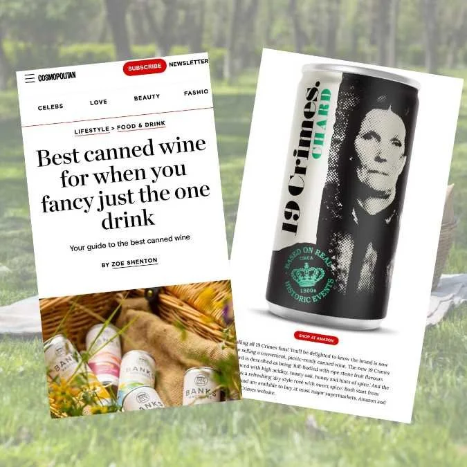 A screenshot of a magazine page with an article titled 'Best canned wine for when you fancy just the one drink' and an image of a can labeled '19 Crimes Original Red' next to a blurred outdoor background.