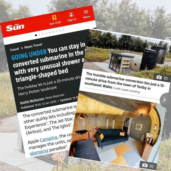 Screenshots from a news website about unique submarine accommodations, featuring images of a converted submarine lying in a field and the interior of a submarine with colorful seating and a round window.