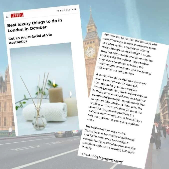 A newsletter page titled 'Best luxury things to do in London in October' with an image of a spa setting including rolled towels, candles, and reed diffuser, overlaying an iconic view of Big Ben in London.