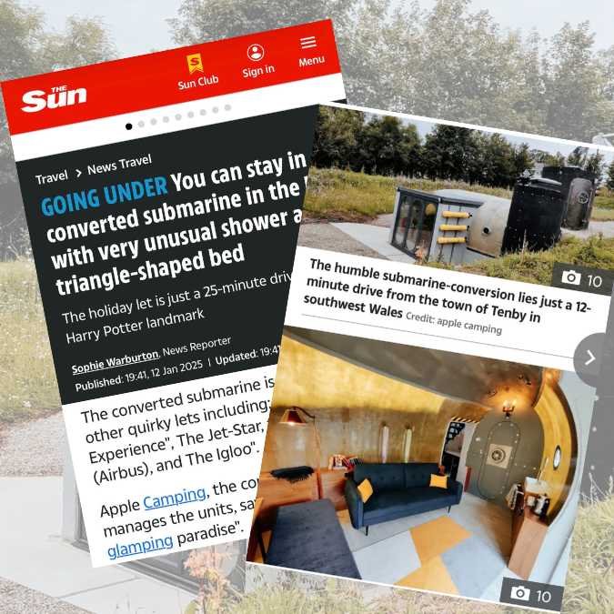 Screenshots from a news website about unique submarine accommodations, featuring images of a converted submarine lying in a field and the interior of a submarine with colorful seating and a round window.