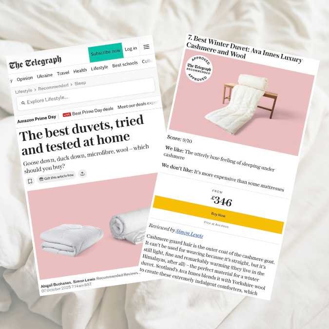Two printouts on a white fabric surface, one shows an article about best duvets with images of two rolled-up white duvets, the other shows a product review for a luxury cashmere duvet with a picture of a folded white duvet on a pink background.