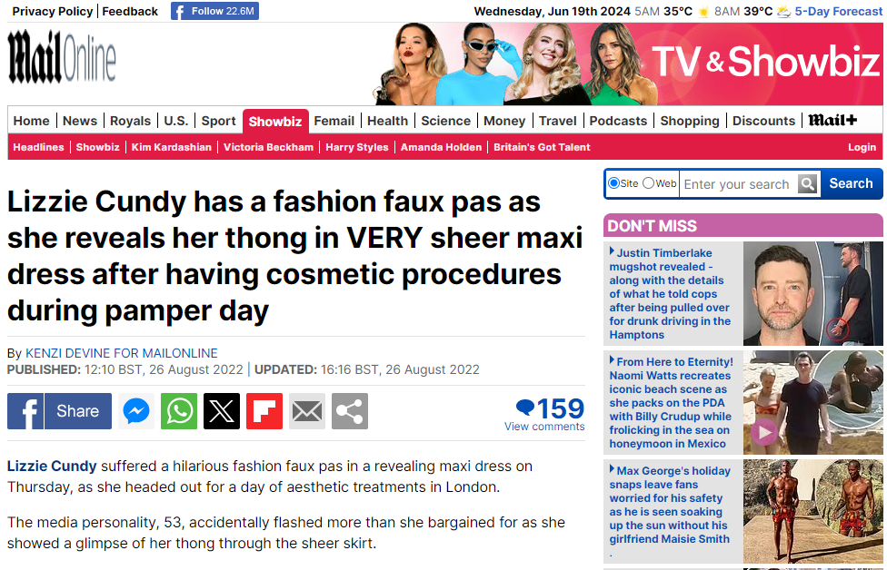 Screenshot of MailOnline website showing a headline about Lizzie Cundy wearing a sheer maxi dress after cosmetic procedures, with images of celebrities and news highlights on the page.
