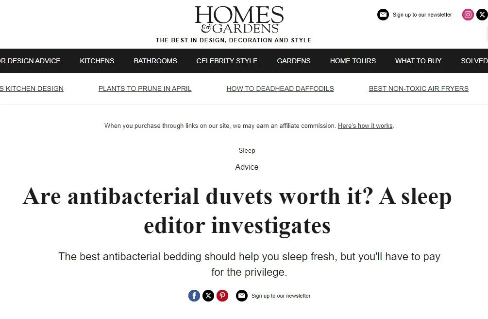 Screenshot of a webpage from Homes & Gardens magazine discussing whether antibacterial duvets are worth it, with article title in bold and social media share buttons.