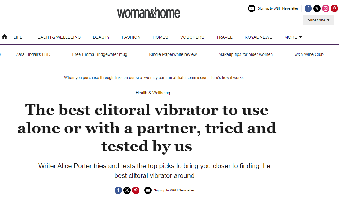 Screenshot of Woman&Home website article titled 'The best clitoral vibrator to use alone or with a partner, tried and tested by us,' with navigation menu and social media icons at the top.