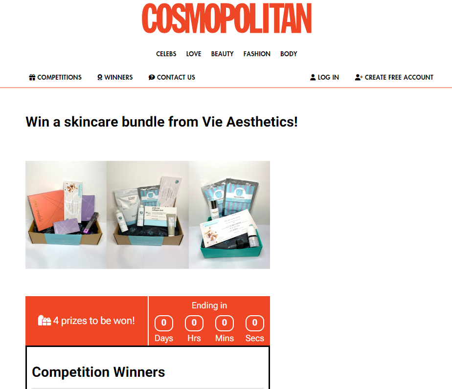 Cosmopolitan magazine webpage with a promotion for a skincare bundle giveaway from Vie Aesthetics, featuring images of skincare products in boxes, and a countdown timer.
