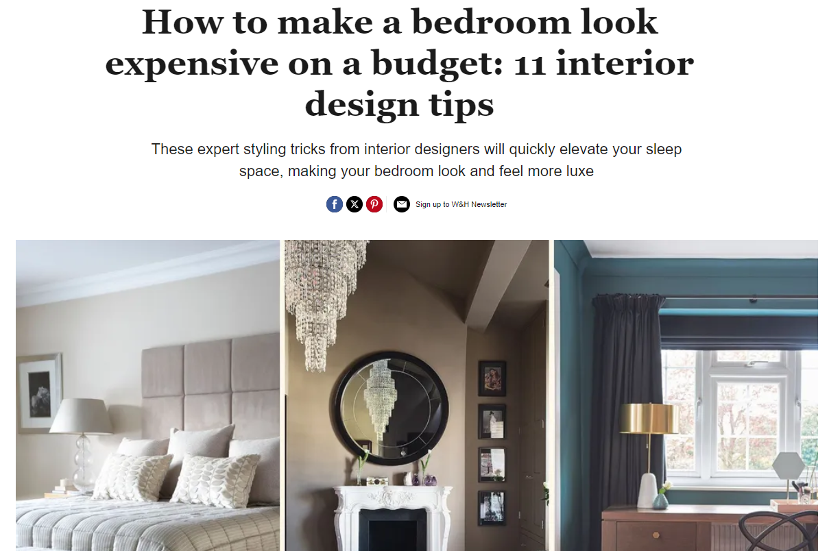 Interior design tips for making a bedroom look expensive, featuring three different bedroom styles with decorative elements.
