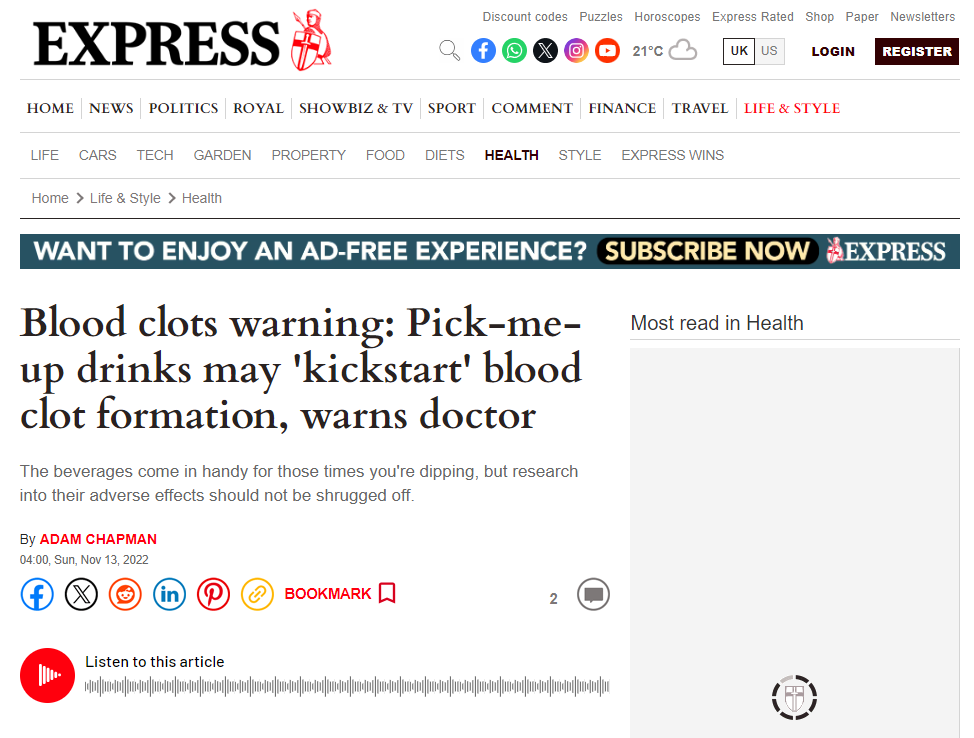 Screenshot of a news article from the Express website with a headline about blood clots warning related to pick-me-up drinks, authored by Adam Chapman, published on November 13, 2022.