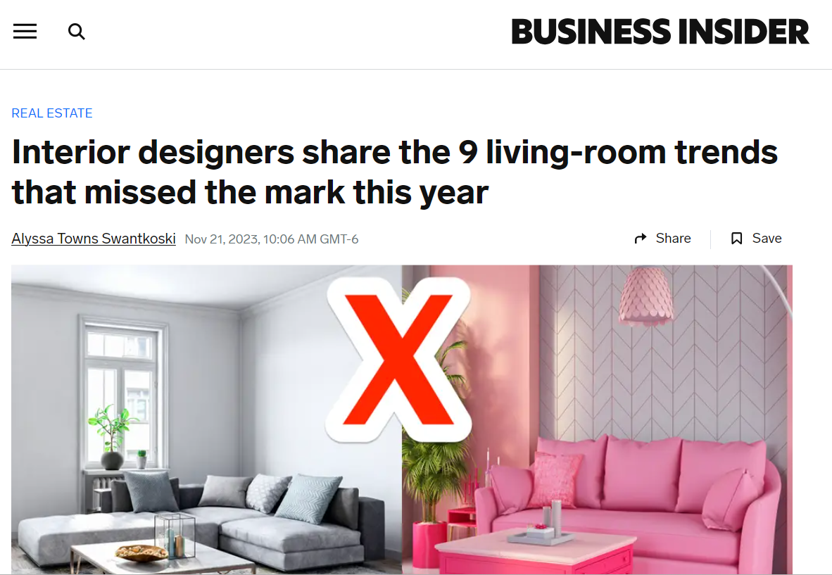 Comparison of two living rooms, one with a minimalist gray color scheme and the other with a bright pink decor.