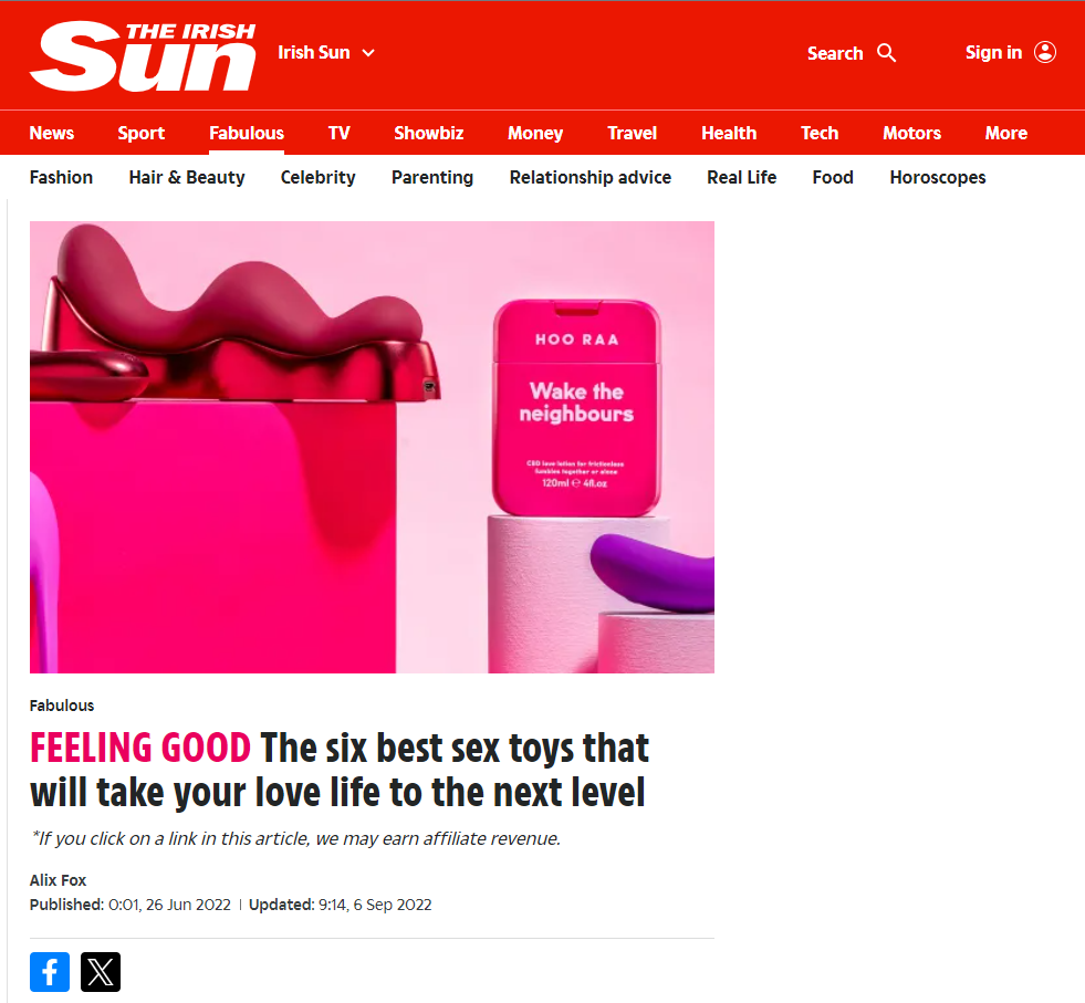 Screenshot of the Irish Sun website featuring an article about sex toys. The image shows a pink sex toy and a pink container with the text 'HOO RAA Wake the neighbors' on it, arranged on pink and purple platforms.