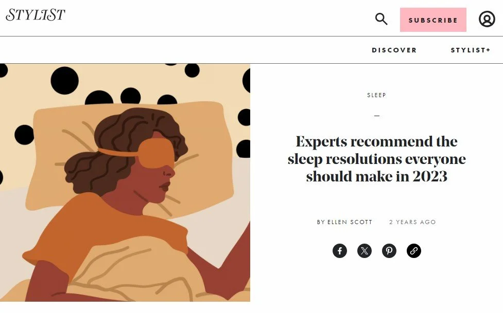 Illustration of a woman sleeping on her side with a sleep mask, lying on a pillow and blanket, surrounded by a polka dot background.