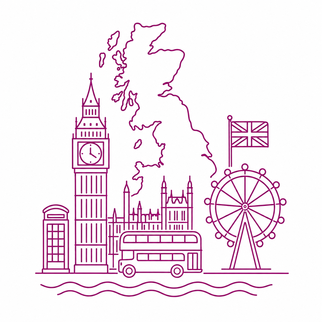 Line art illustration of famous London landmarks including Big Ben, the London Eye, a double-decker bus, and the Union Jack flag.