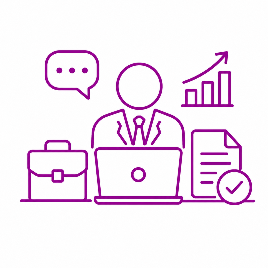 Outline illustration of a business person working at a laptop with a briefcase, documents, a speech bubble, and upward-trending graph symbols.