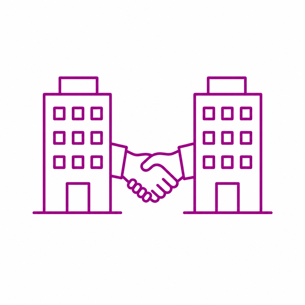 Line drawing of two buildings shaking hands to symbolize agreement or partnership.