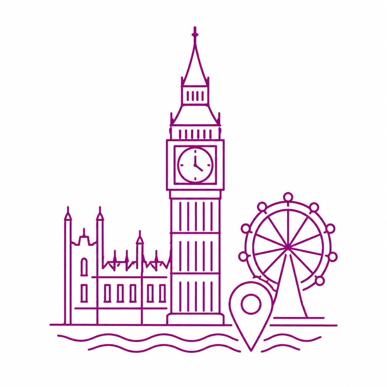 A purple outline illustration of London landmarks including Big Ben, the Palace of Westminster, a Ferris wheel, and a location marker.