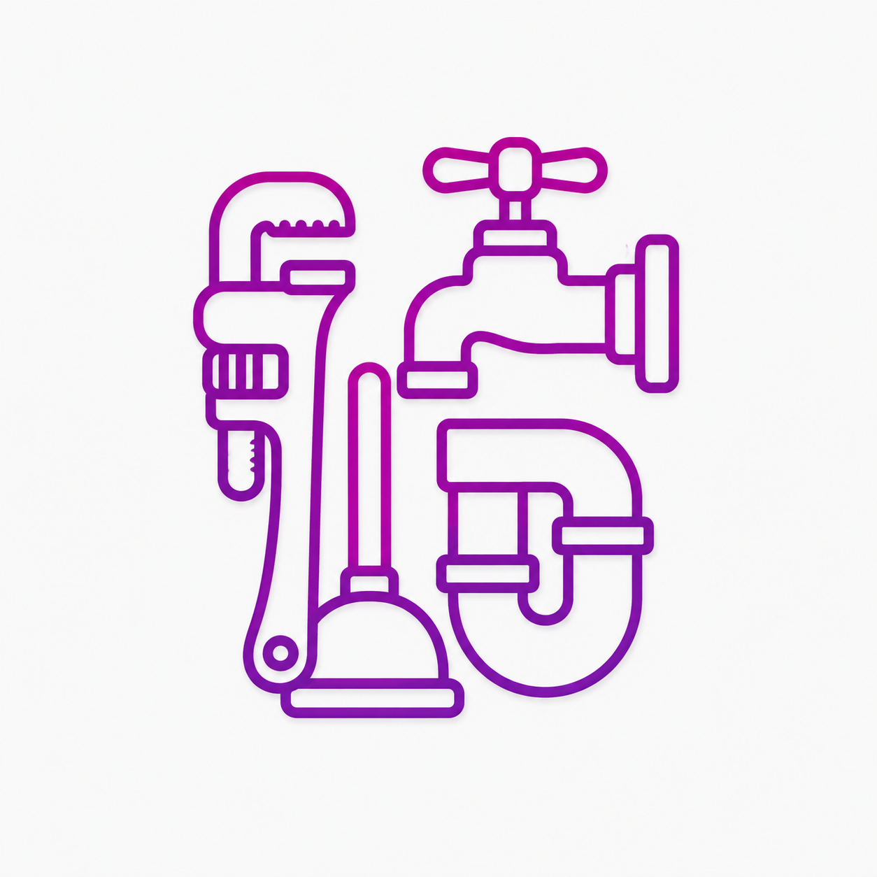 Outline illustration of a plumbing pipe system with a faucet, drain, and connected pipes in purple.