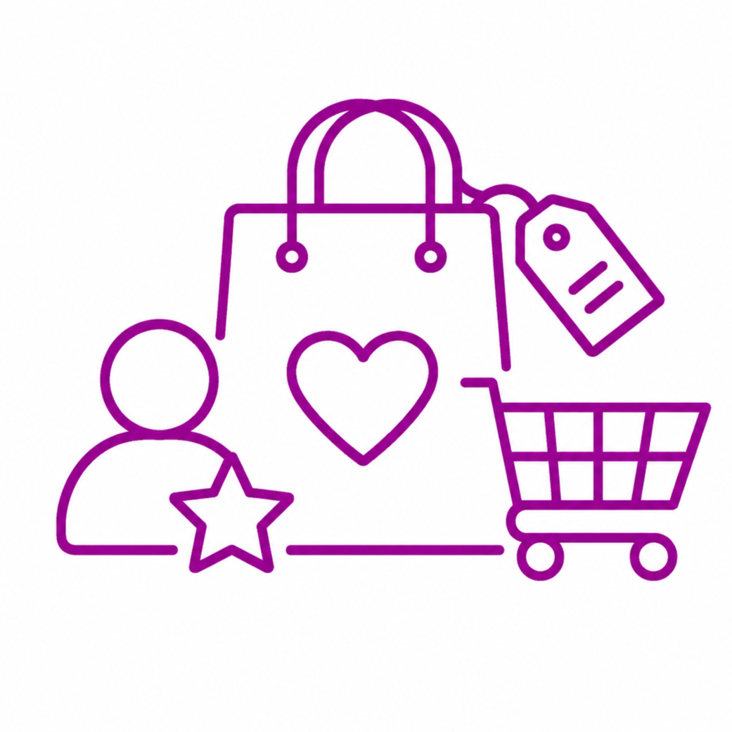 Purple line drawing of a shopping bag with a heart, a person icon with a star, a shopping cart, and a price tag.