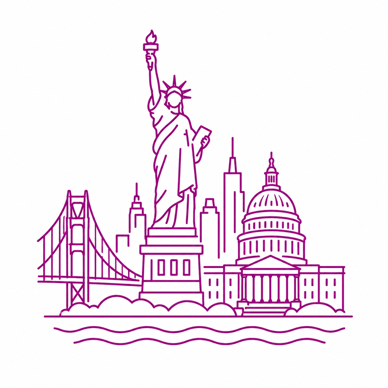 Outline drawing of a storefront with an awning, door, and window, in purple.