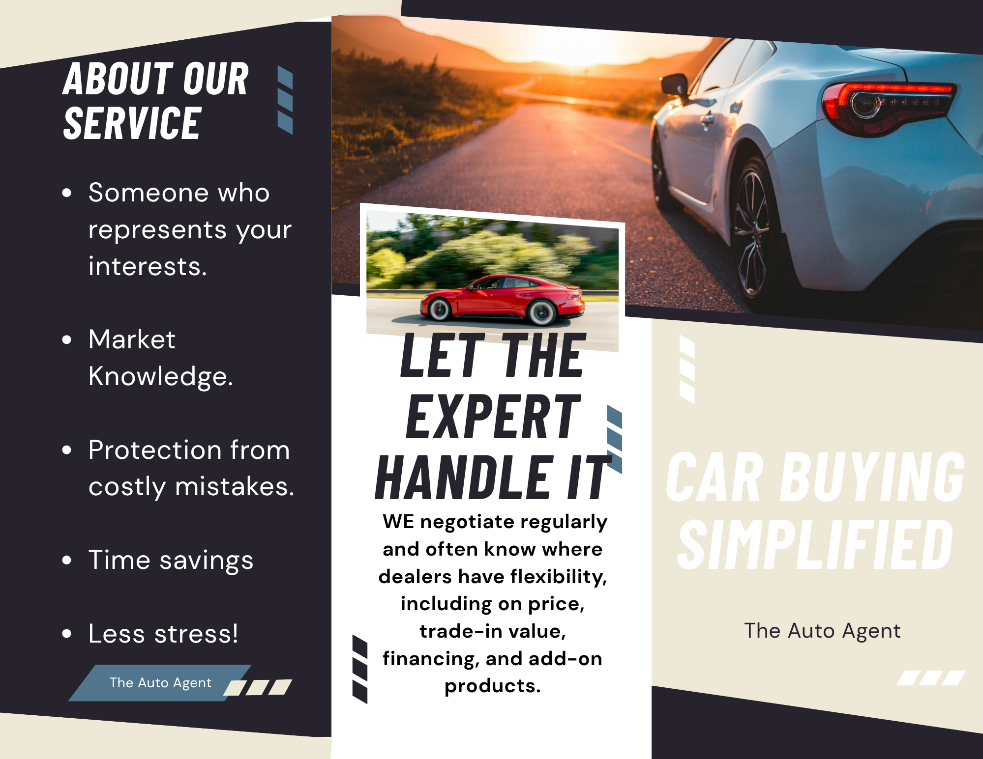 A promotional flyer for a car buying service featuring images of a silver car on a winding road at sunset and a red car. The flyer highlights benefits such as expert handling, market knowledge, protection from costly mistakes, time savings, and less stress.