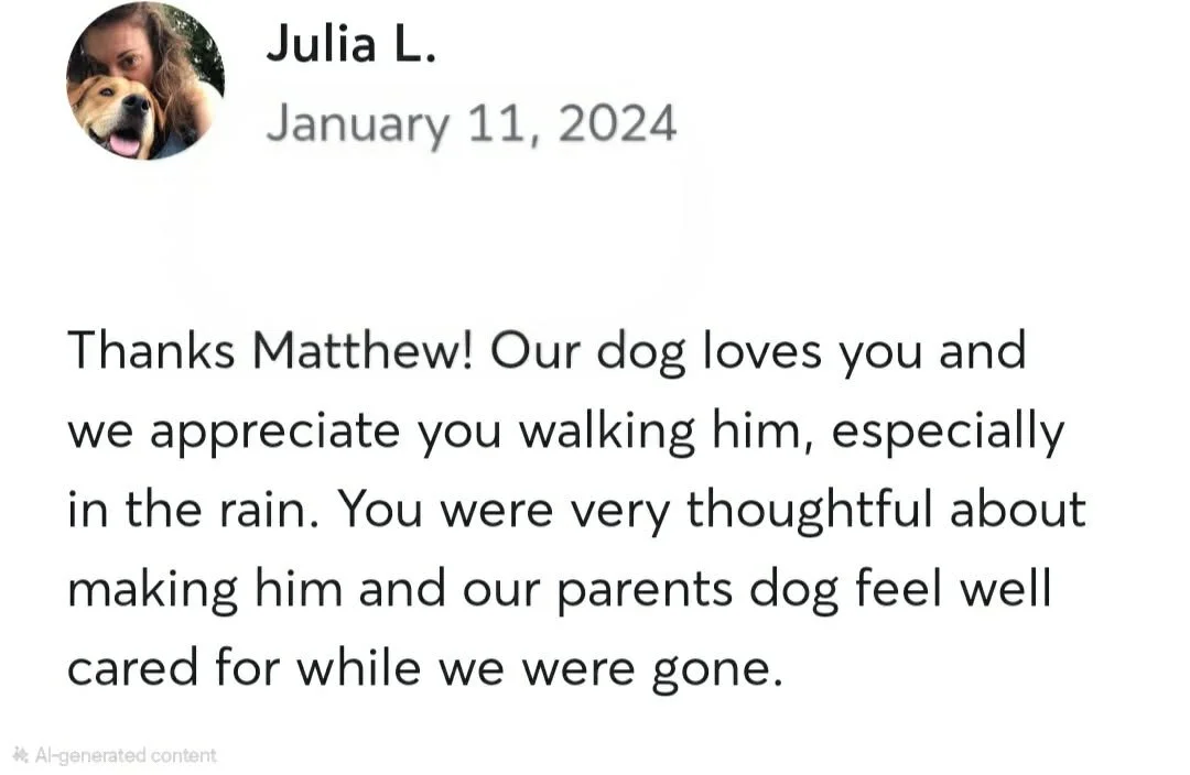 A screenshot of a thank you note from Julia L. dated January 11, 2024, expressing gratitude to Matthew for walking their dog, especially in the rain, and mentioning that their dogs feel well cared for while they were gone.