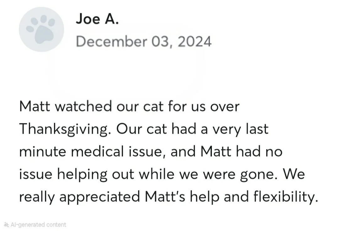 Screenshot of a message from Joe A. dated December 3, 2024, expressing gratitude for Matt's help taking care of their cat over Thanksgiving after the cat had a medical emergency.